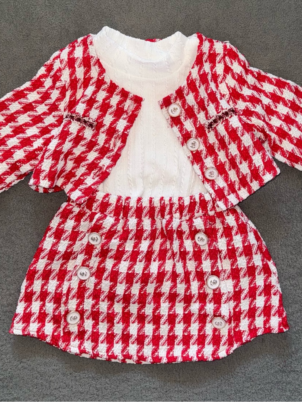 Baby Girl Red White Houndstooth 3 Piece Skirt Set 9-12M Cardigan Top